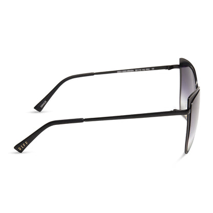 diff eyewear grace cat eye sunglasses with a matte black frame and grey gradient sharp lenses side view