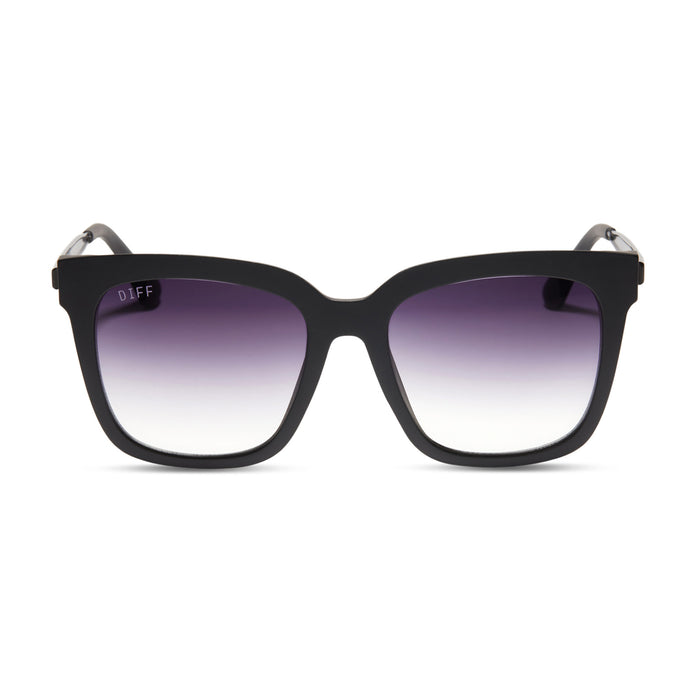 diff eyewear hailey square sunglasses with a matte black frame and grey gradient sharp lenses front view