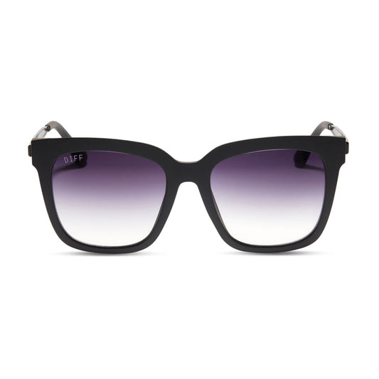 diff eyewear hailey square sunglasses with a matte black frame and grey gradient sharp lenses front view