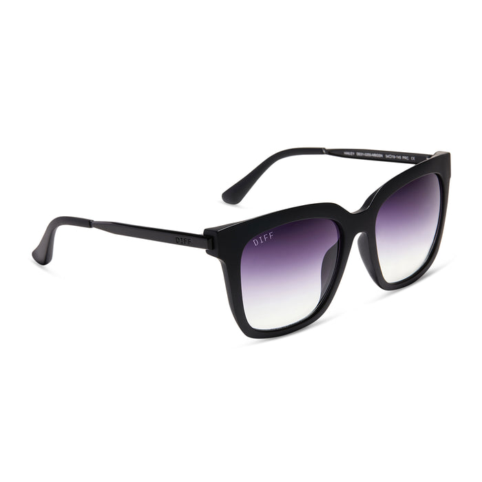 diff eyewear hailey square sunglasses with a matte black frame and grey gradient sharp lenses angled view