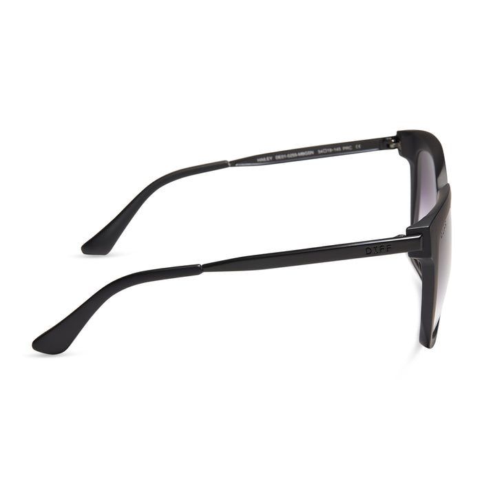 diff eyewear hailey square sunglasses with a matte black frame and grey gradient sharp lenses side view