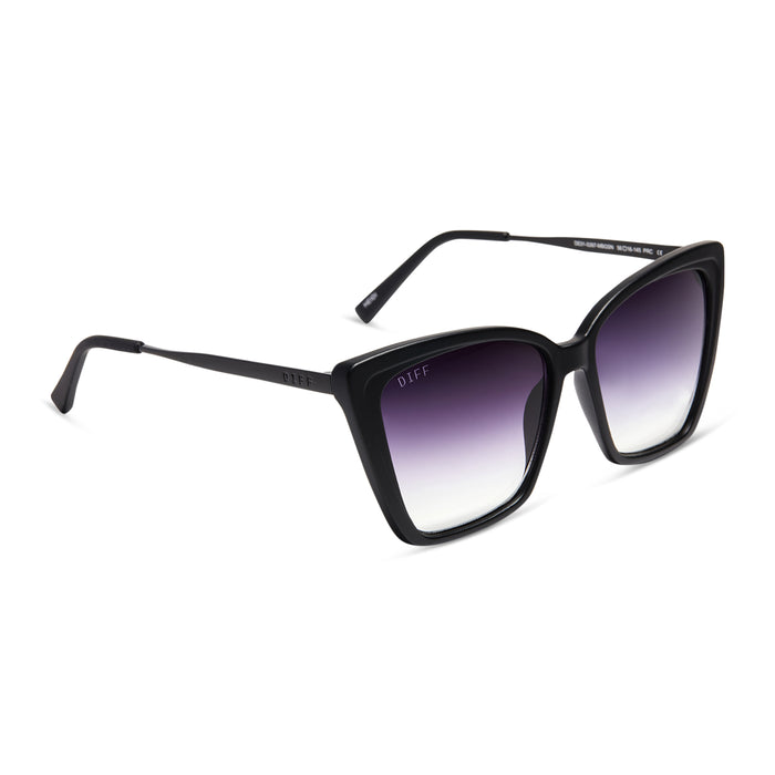 diff eyewear heidi cat eye sunglasses with a matte black frame and grey gradient sharp lenses angled view