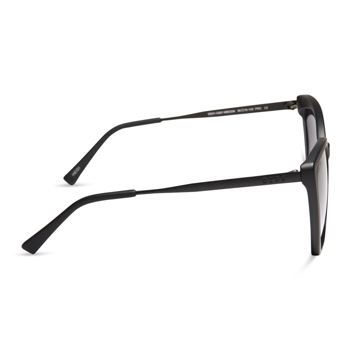 diff eyewear heidi cat eye sunglasses with a matte black frame and grey gradient sharp lenses side view