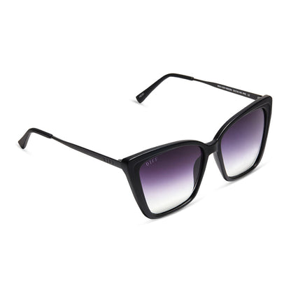 diff eyewear heidi cat eye sunglasses with a matte black frame and grey gradient sharp lenses detailed view