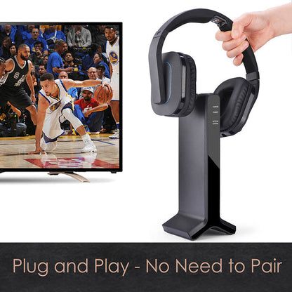 HT280 Wireless TV Headphones for Seniors, plug-and-play auto connection with charging dock transmitter, no pairing required.