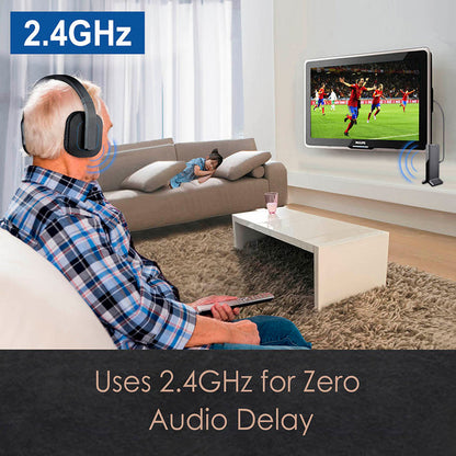 HT280 Wireless TV Headphones for Seniors, 2.4GHz wireless headphones for synchronized audio for TV shows, games, and videos.