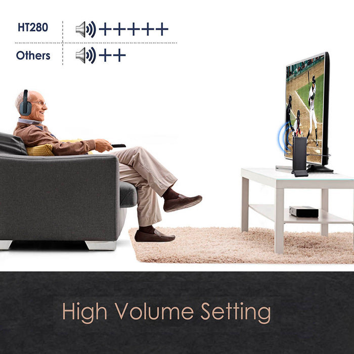 HT280 Wireless TV Headphones for Seniors, high-volume settings with independent controls for louder TV listening