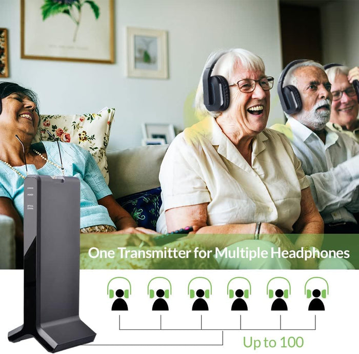 HT280 Wireless TV Headphones for Seniors, supports up to 100 headphones for group listening with additional sets.