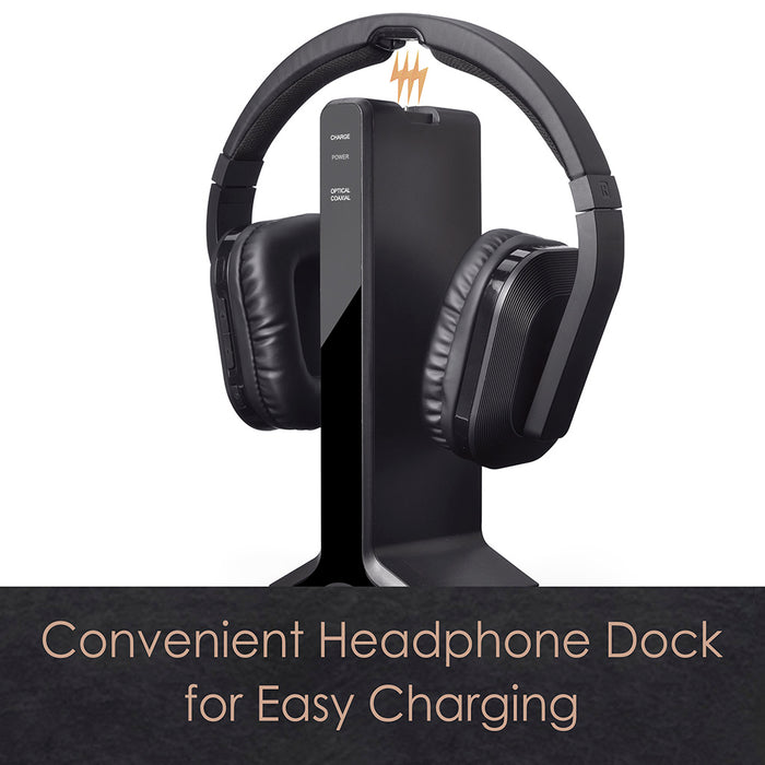 HT280 Wireless TV Headphones for Seniors, magnetic charging dock for convenient charging.
