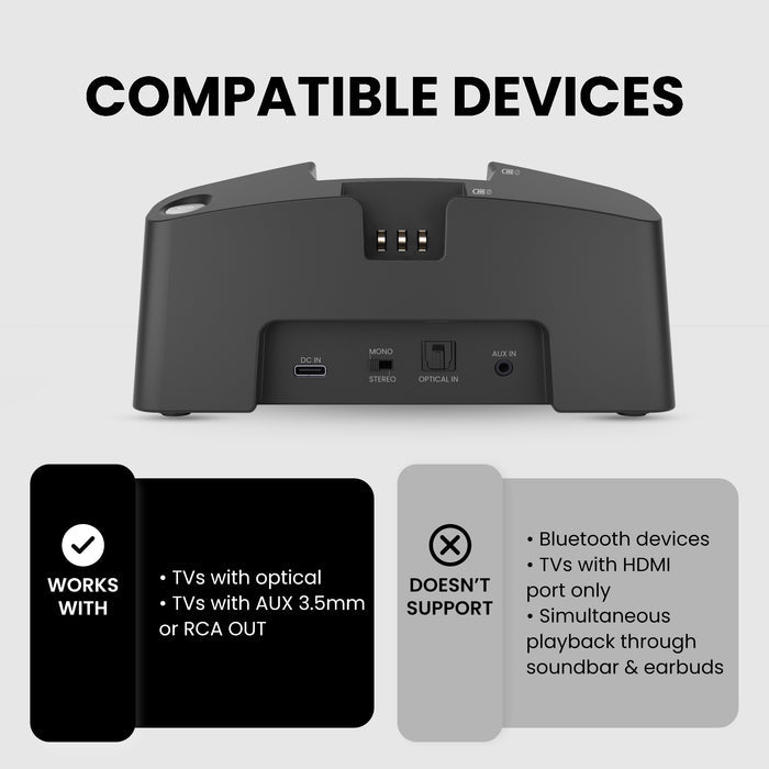 HT381 Wireless Sound Amplifying Headphones for TV with 2.4GHz connection, supports Optical, AUX 3.5mm, RCA only, not Bluetooth or HDMI, no soundbar passthrough.