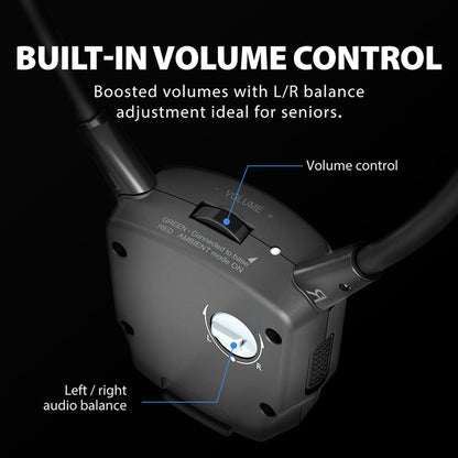 HT381 Wireless Sound Amplifying Headphones for TV with 2.4GHz connection, senior-friendly with built-in volume control and L/R balance adjustment.