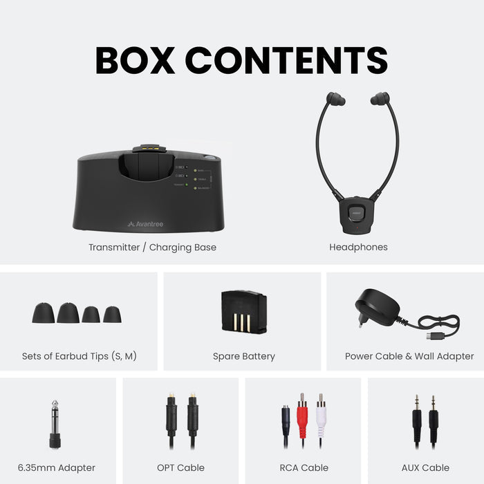 HT381 Wireless Sound Amplifying Headphones for TV with 2.4GHz connection, senior-friendly. Includes transmitter, headphones,  earbuds, spare battery, and charging cable included.