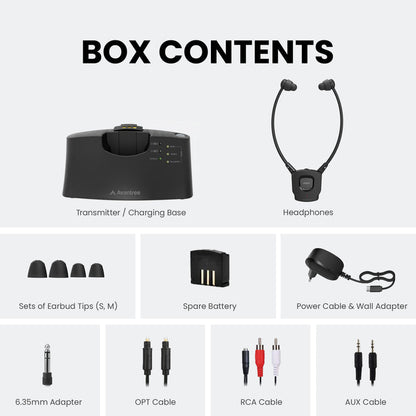 HT381 Wireless Sound Amplifying Headphones for TV with 2.4GHz connection, senior-friendly. Includes transmitter, headphones,  earbuds, spare battery, and charging cable included.
