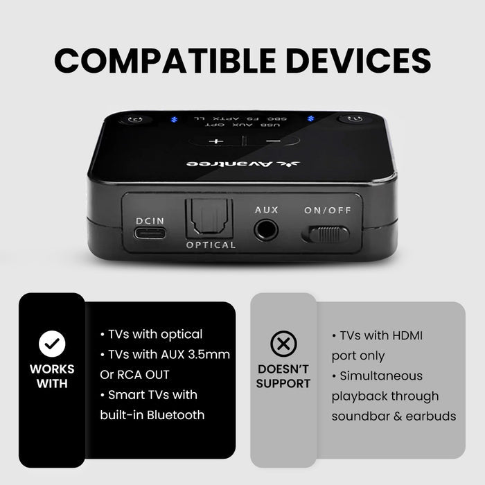 HT4186 Wireless Earbuds for TV Watching, Supports TVs with optical, and 3.5mm AUX. No pass-through, no HDMI
