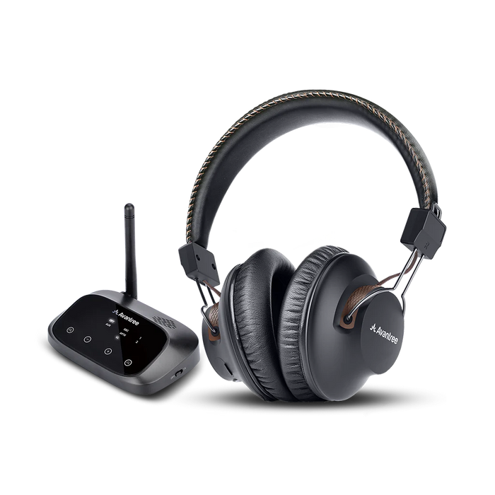 HT5009 Wireless Headphones for TV with transmitter, supports optical, 3.5 mm AUX, and RCA inputs, with soundbar passthrough