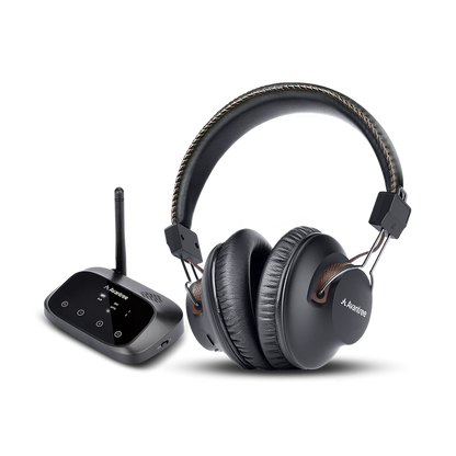 HT5009 Wireless Headphones for TV with transmitter, supports optical, 3.5 mm AUX, and RCA inputs, with soundbar passthrough