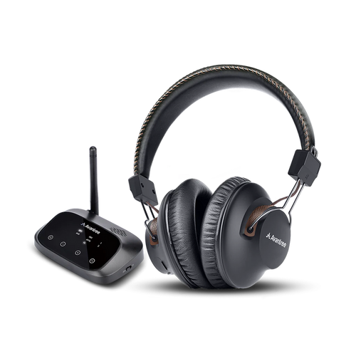 HT5009 Wireless Headphones for TV with transmitter, supports optical, 3.5 mm AUX, and RCA inputs, with soundbar passthrough