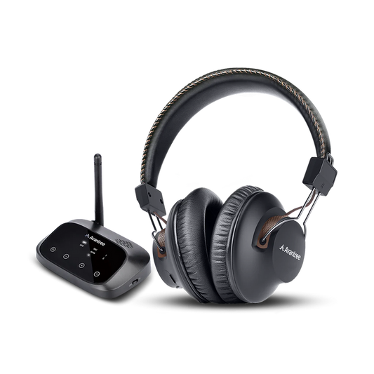 HT5009 Wireless Headphones for TV with transmitter, supports optical, 3.5 mm AUX, and RCA inputs, with soundbar passthrough