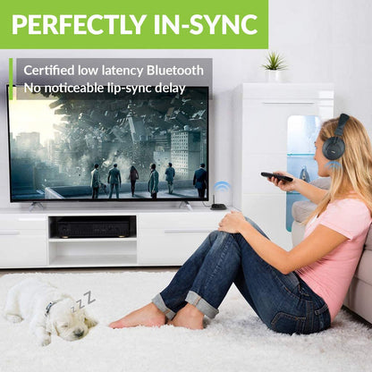 HT5009 Wireless Headphones for TV with transmitter, supports optical, 3.5 mm AUX, and RCA inputs, with soundbar passthrough and perfect sync 40 ms audio latency.