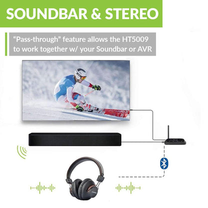 Avantree HT5009 Wireless Headphones for TV with transmitter, supports optical, 3.5 mm AUX, and RCA inputs, with soundbar passthrough and simultaneous headphone audio.