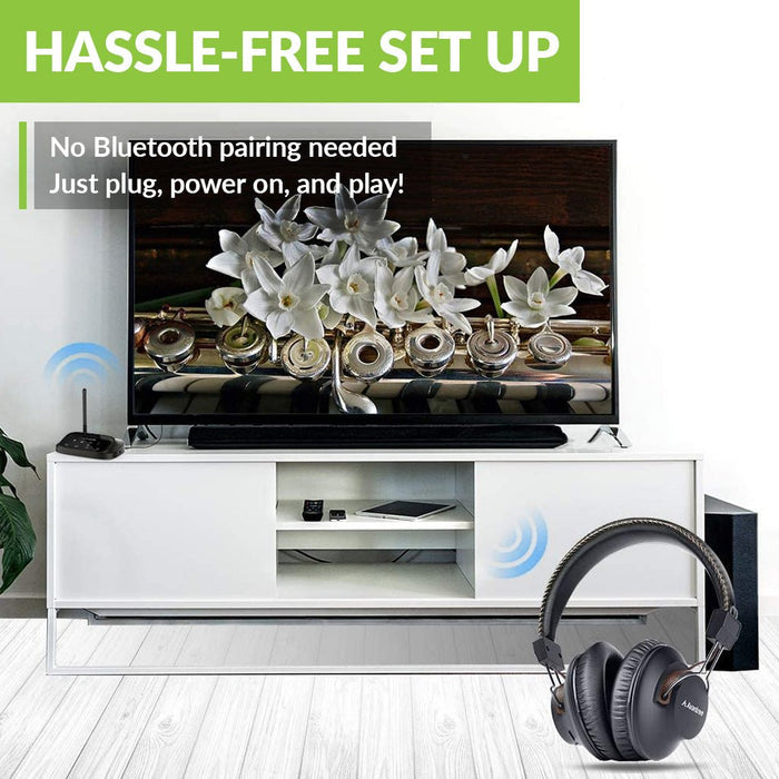 HT5009 Wireless Headphones for TV with transmitter, soundbar passthrough for simultaneous headphone and soundbar  audio.