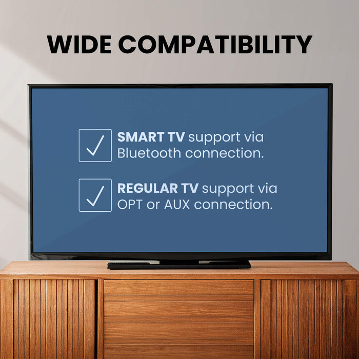 Wireless TV transmitter for seniors and shared audio, supporting optical, 3.5 mm AUX, and Bluetooth-enabled TVs, with soundbar pass-through feature.