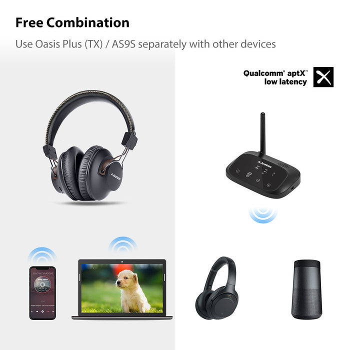 Avantree HT5009 Wireless Headphones for TV with transmitter, compatible with other Bluetooth low-latency headphones, and headphones use independently with phones or laptops.