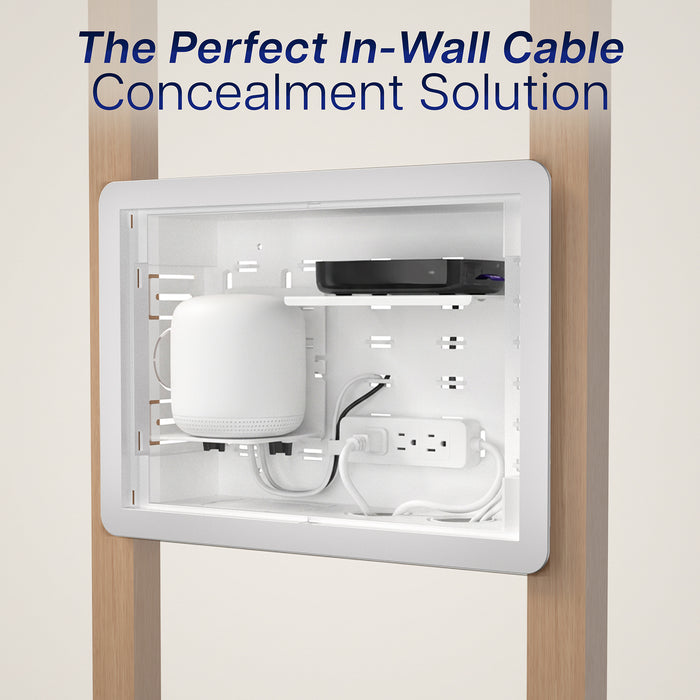 In-Wall Cable and Media Box Enclosure concealment solution with electrical outlets and devices.