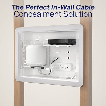 In-Wall Cable and Media Box Enclosure concealment solution with electrical outlets and devices.