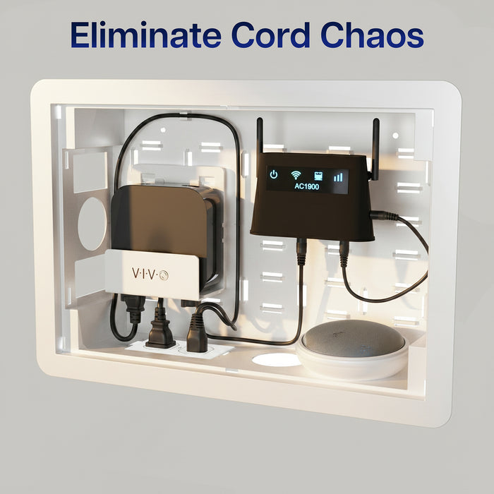 Wall-mounted cable box with electronic devices and text 'Eliminate Cord Chaos'.