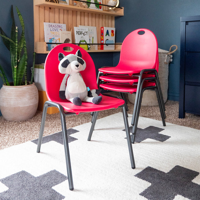 stuffed animal on stacking chair