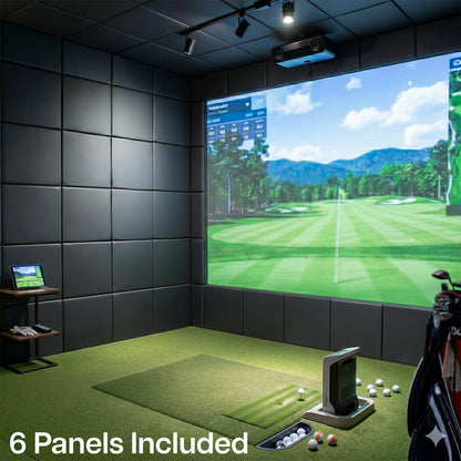 Golf simulator setup with a large screen displaying a golf course, surrounded by dark gray walls.