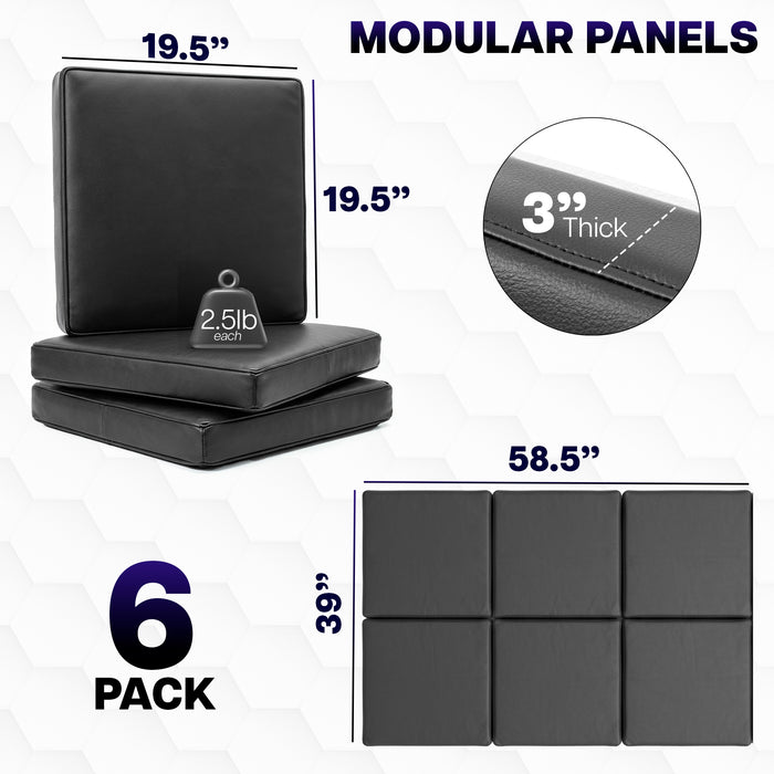 Black modular wall panels with measurements and weight details on a white background