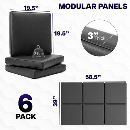Black modular wall panels with measurements and weight details on a white background
