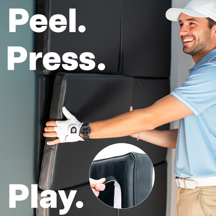 Man using a golf wall pad with text 'Peel. Press. Play.'