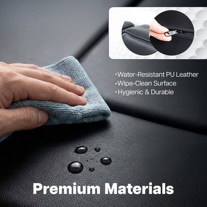 Hand cleaning a black Wall Pad for Golf Simulator with a cloth, showing water-resistant properties.