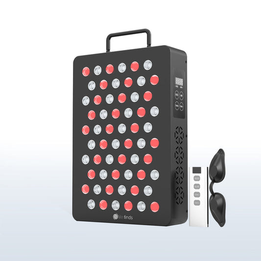 Red light therapy device with red and white LED lights on a light gray background
