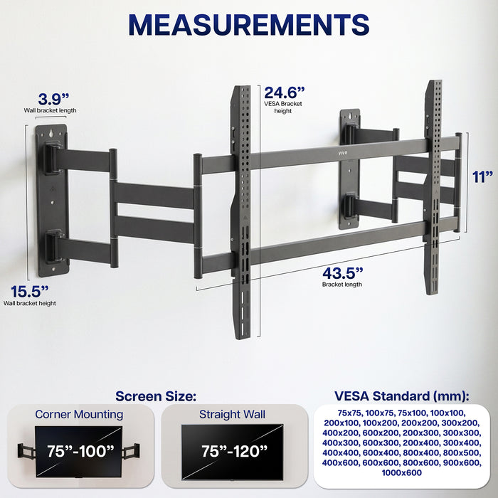 Low Profile Corner Large TV Wall Mount - 75" to 120" Screens