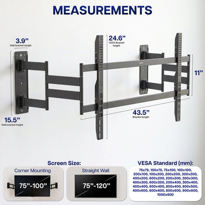Low Profile Corner Large TV Wall Mount - 75" to 120" Screens