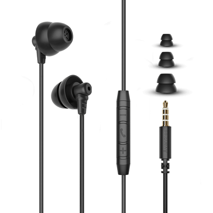 Lullaby E20 Sleep Headphones Wired for Side Sleepers. 2 pairs of 3.5mm wired sleep earbuds with tiny buds for side sleepers & small ears. Ultra-soft noise-canceling with mic & volume control
