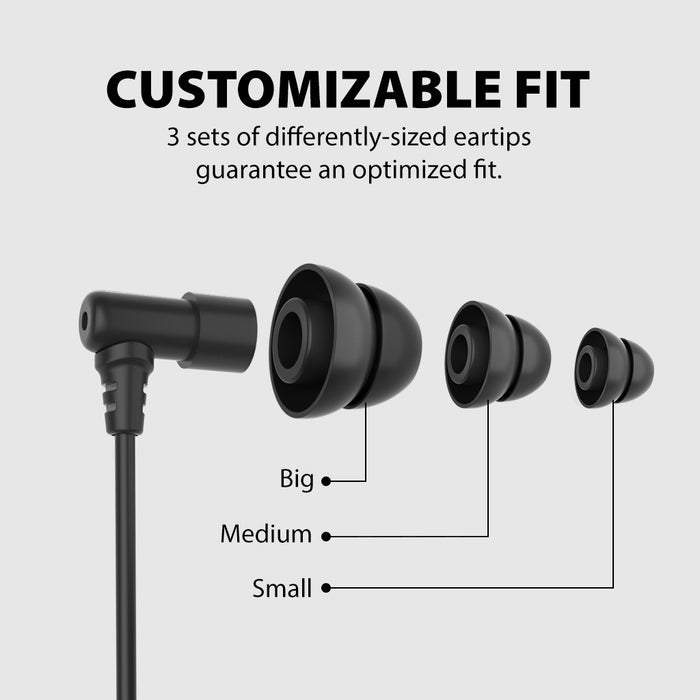 Lullaby E20 Wired Sleep Headphones for Side Sleepers, includes three ear tip sizes for a customizable fit.