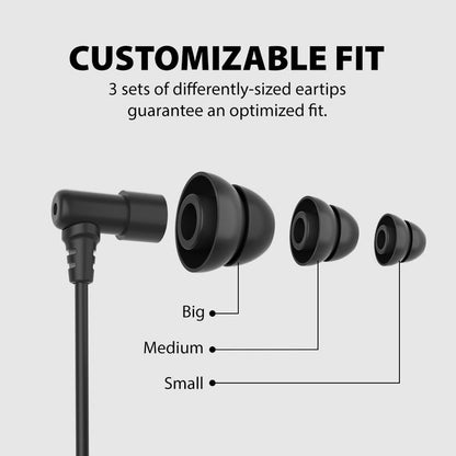 Lullaby E20 Wired Sleep Headphones for Side Sleepers, includes three ear tip sizes for a customizable fit.