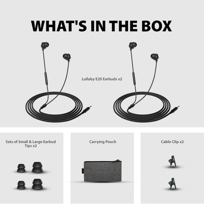 Lullaby E20 Wired Sleep Headphones for Side Sleepers, includes two earbuds, two ear tip sets, cable clips, and a carrying pouch.