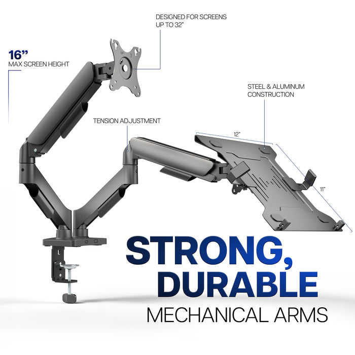 Mechanical Arm Single Monitor and Laptop Desk Mount - Up to 32" Screens, 15.6" Laptops