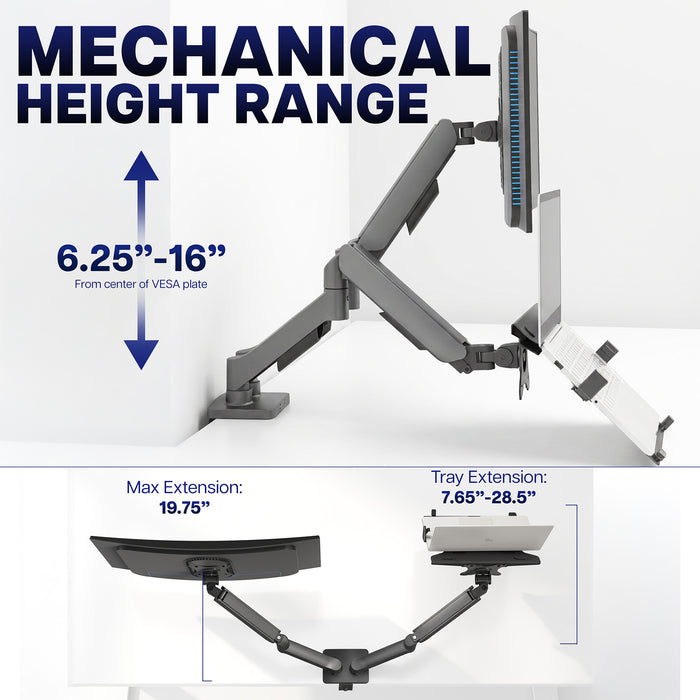 Mechanical Arm Single Monitor and Laptop Desk Mount - Up to 32" Screens, 15.6" Laptops