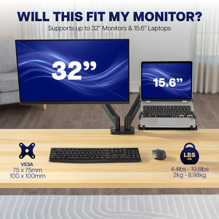 Mechanical Arm Single Monitor and Laptop Desk Mount - Up to 32" Screens, 15.6" Laptops