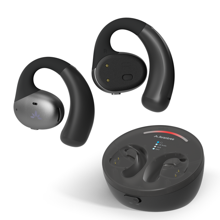 Medley Pebble Open-Ear Wireless TV earbuds, low-latency audio, with no lip-sync delay.