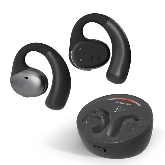 Medley Pebble Open-Ear Wireless TV earbuds, low-latency audio, with no lip-sync delay.