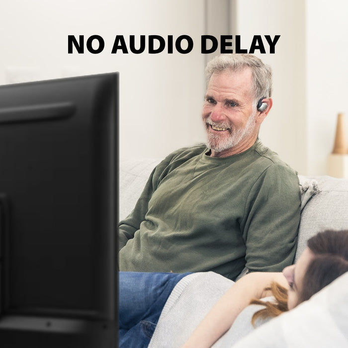 Medley Pebble Open-Ear Wireless TV earbuds, low-latency audio for perfectly synced sound and visuals with no lip-sync delay.