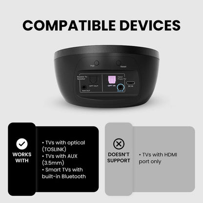 Medley Pebble Open-Ear Wireless TV earbuds for seniors, compatible with TVs via Optical and 3.5mm AUX, not compatible with HDMI ports.